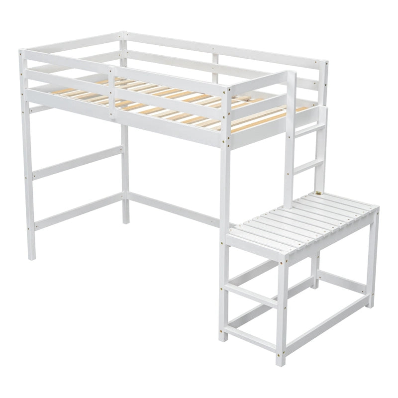 Cama alta alta de madera de pino tamaño Twin con escalera y barandillas