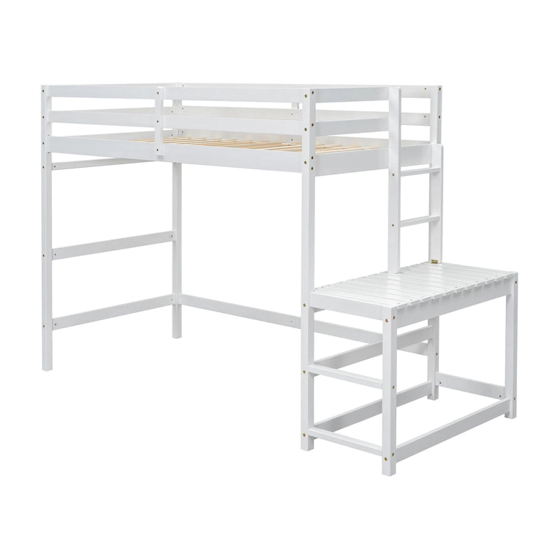 Cama alta alta de madera de pino tamaño Twin con escalera y barandillas