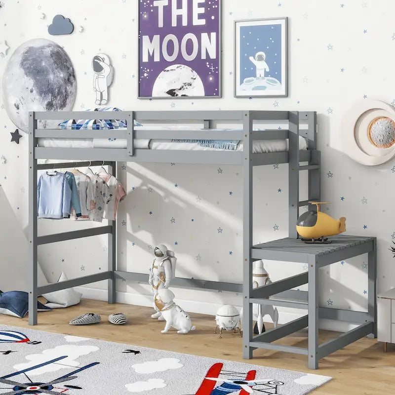 Cama alta alta de madera de pino tamaño Twin con escalera y barandillas