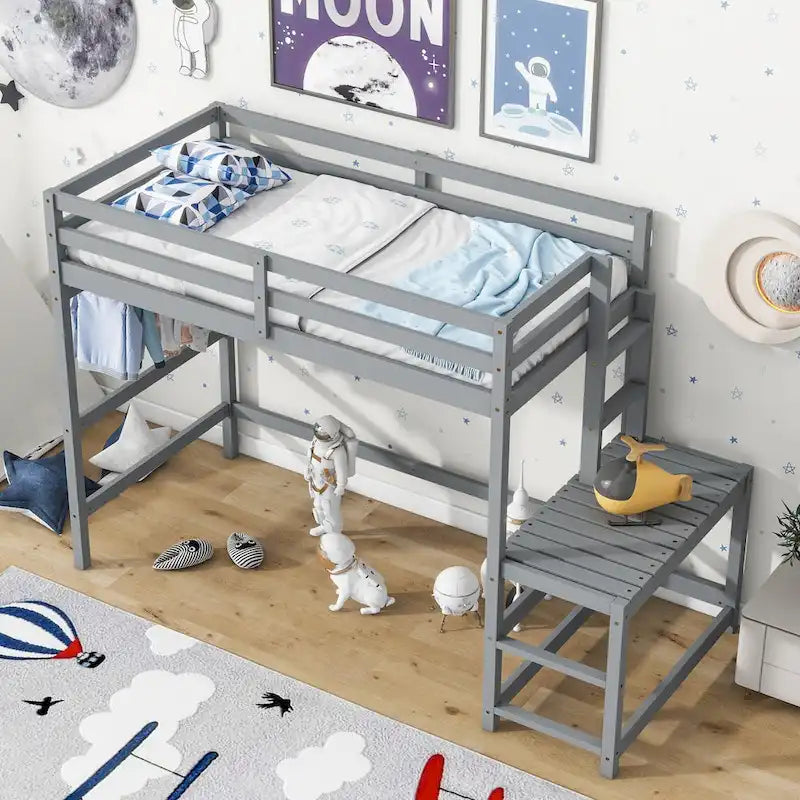 Cama alta alta de madera de pino tamaño Twin con escalera y barandillas