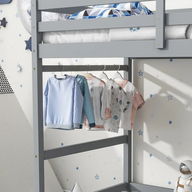 Cama alta alta de madera de pino tamaño Twin con escalera y barandillas