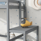 Cama alta alta de madera de pino tamaño Twin con escalera y barandillas