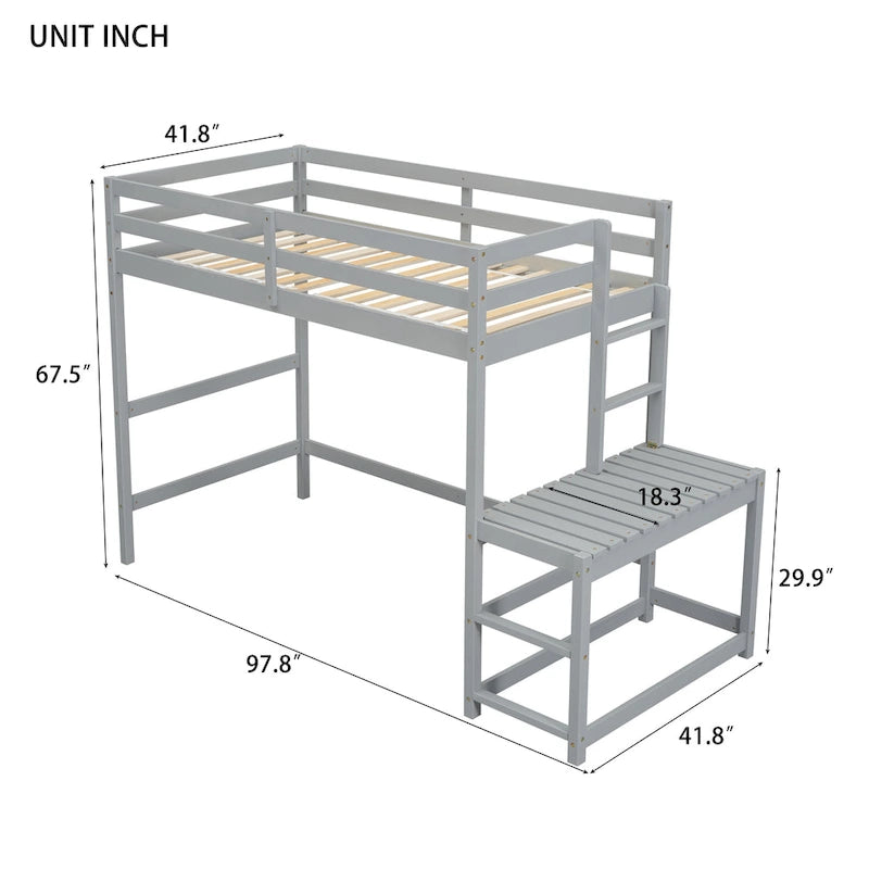 Cama alta alta de madera de pino tamaño Twin con escalera y barandillas