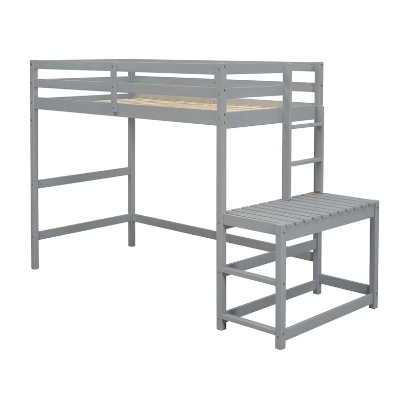 Cama alta alta de madera de pino tamaño Twin con escalera y barandillas