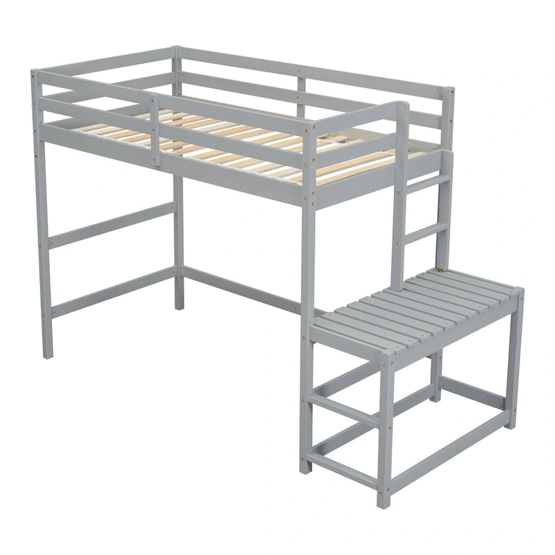 Cama alta alta de madera de pino tamaño Twin con escalera y barandillas