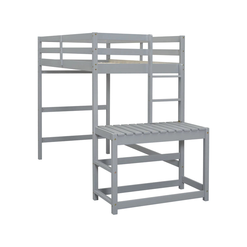 Cama alta alta de madera de pino tamaño Twin con escalera y barandillas