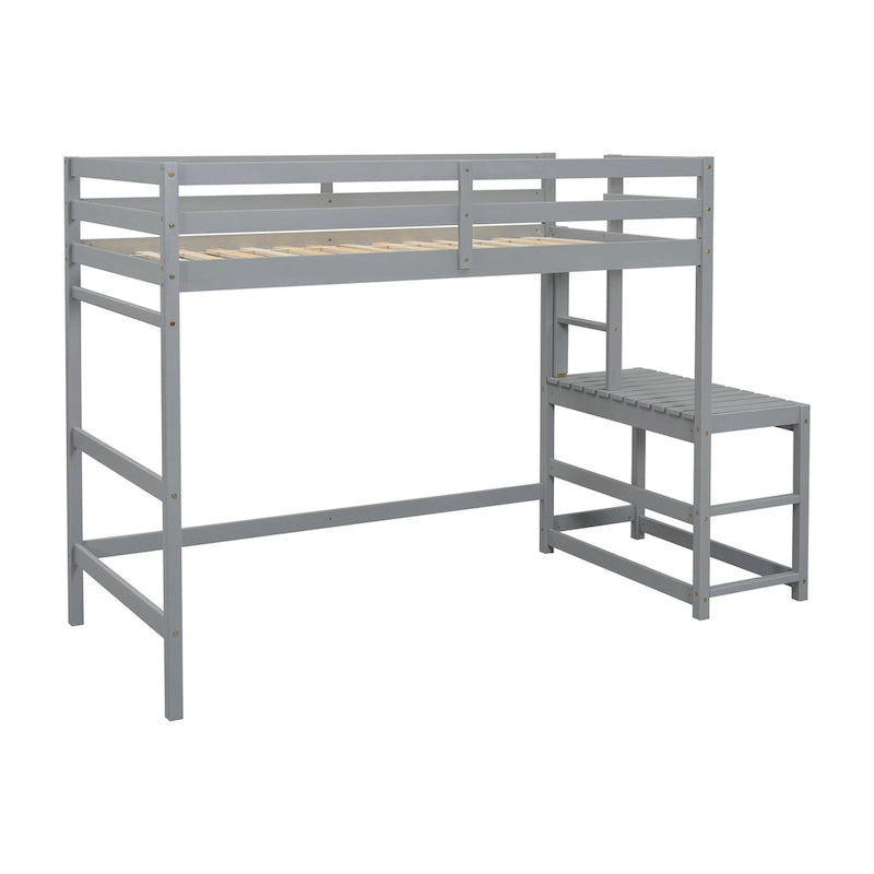 Cama alta alta de madera de pino tamaño Twin con escalera y barandillas