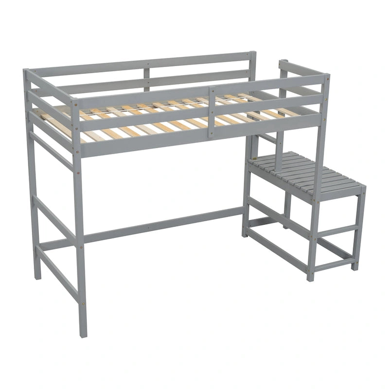 Cama alta alta de madera de pino tamaño Twin con escalera y barandillas