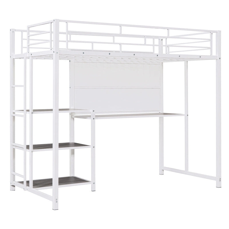 Cama alta de metal blanca tamaño twin con escritorio, pizarra, estantes y escalera