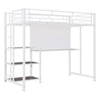 Cama alta de metal blanca tamaño twin con escritorio, pizarra, estantes y escalera