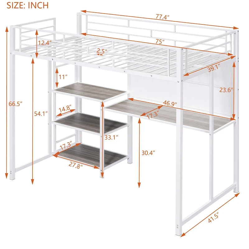 Cama alta de metal blanca tamaño twin con escritorio, pizarra, estantes y escalera