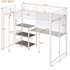 Cama alta de metal blanca tamaño twin con escritorio, pizarra, estantes y escalera