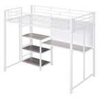 Cama alta de metal blanca tamaño twin con escritorio, pizarra, estantes y escalera