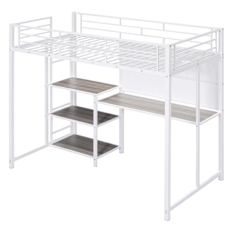 Cama alta de metal blanca tamaño twin con escritorio, pizarra, estantes y escalera
