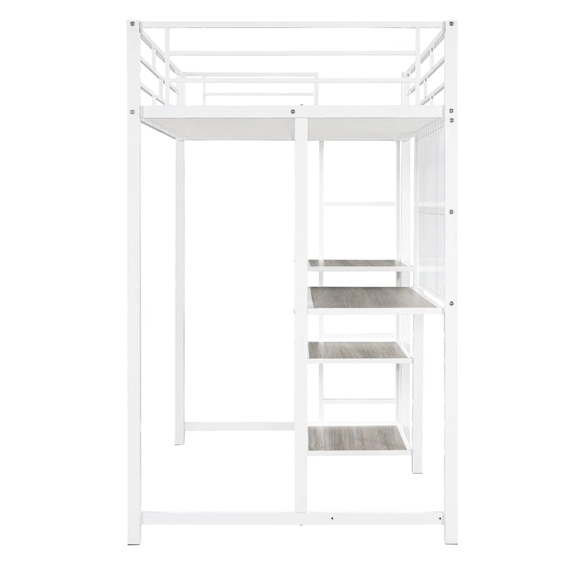 Cama alta de metal blanca tamaño twin con escritorio, pizarra, estantes y escalera
