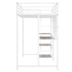 Cama alta de metal blanca tamaño twin con escritorio, pizarra, estantes y escalera
