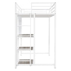 Cama alta de metal blanca tamaño twin con escritorio, pizarra, estantes y escalera