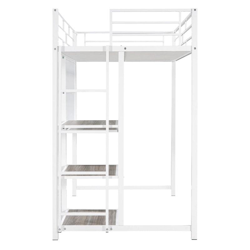 Cama alta de metal blanca tamaño twin con escritorio, pizarra, estantes y escalera