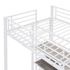Cama alta de metal blanca tamaño twin con escritorio, pizarra, estantes y escalera
