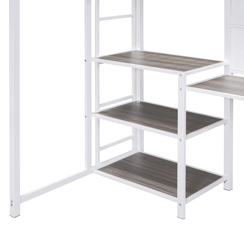 Cama alta de metal blanca tamaño twin con escritorio, pizarra, estantes y escalera