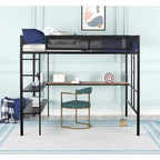 Cama alta de metal matrimonial con escritorio, estantes y barandilla