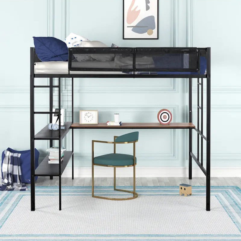Full Size Metal Loft Bed with Desk, Shelves, and Guardrail