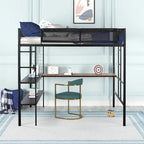Full Size Metal Loft Bed with Desk, Shelves, and Guardrail