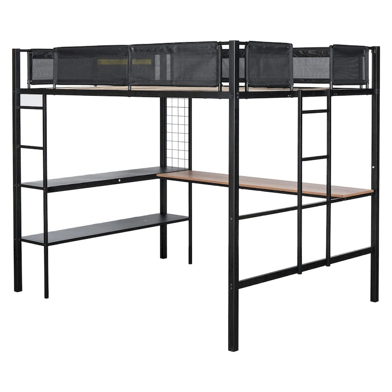 Cama alta de metal matrimonial con escritorio, estantes y barandilla