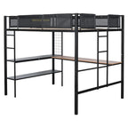 Cama alta de metal matrimonial con escritorio, estantes y barandilla