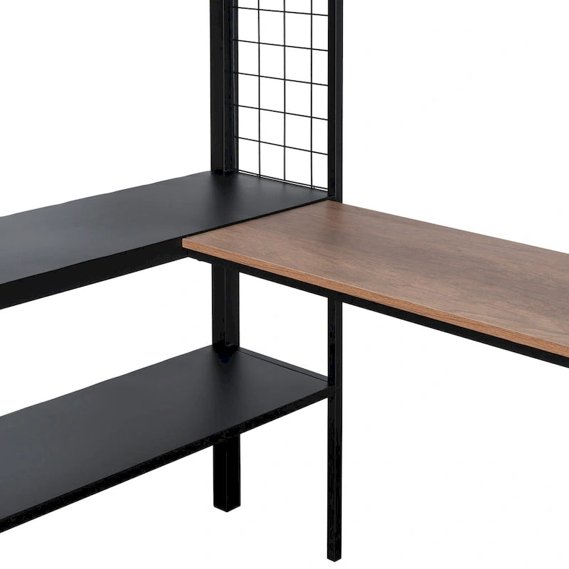 Cama alta de metal matrimonial con escritorio, estantes y barandilla