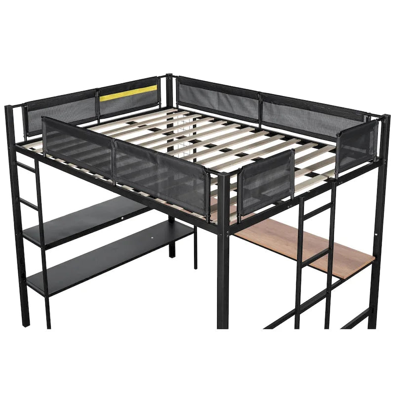 Cama alta de metal matrimonial con escritorio, estantes y barandilla