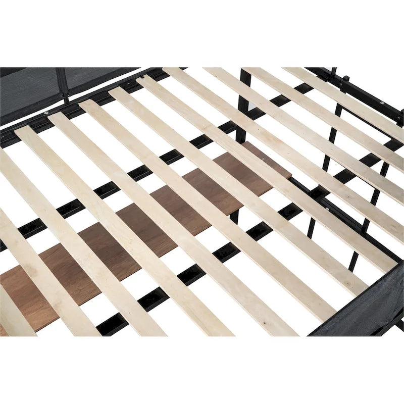 Cama alta de metal matrimonial con escritorio, estantes y barandilla