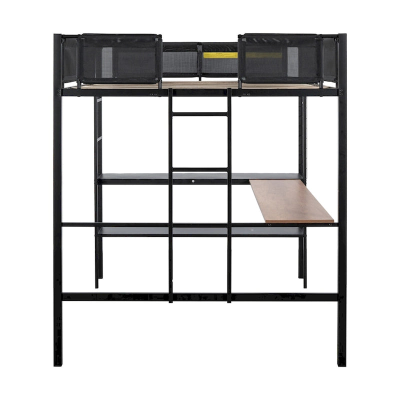 Cama alta de metal matrimonial con escritorio, estantes y barandilla