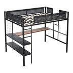 Cama alta de metal matrimonial con escritorio, estantes y barandilla