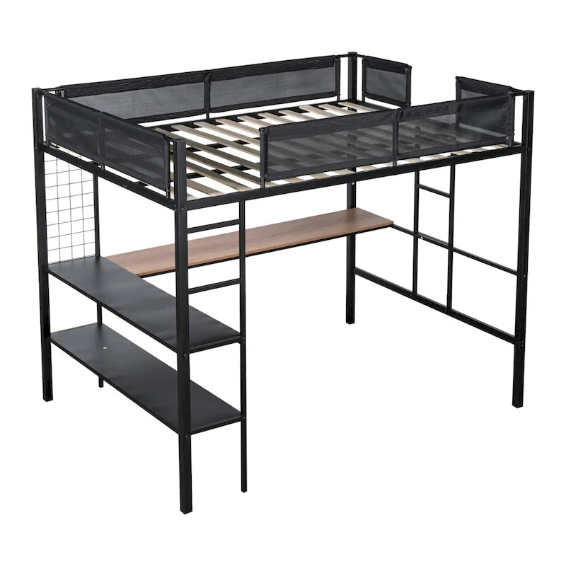 Cama alta de metal matrimonial con escritorio, estantes y barandilla