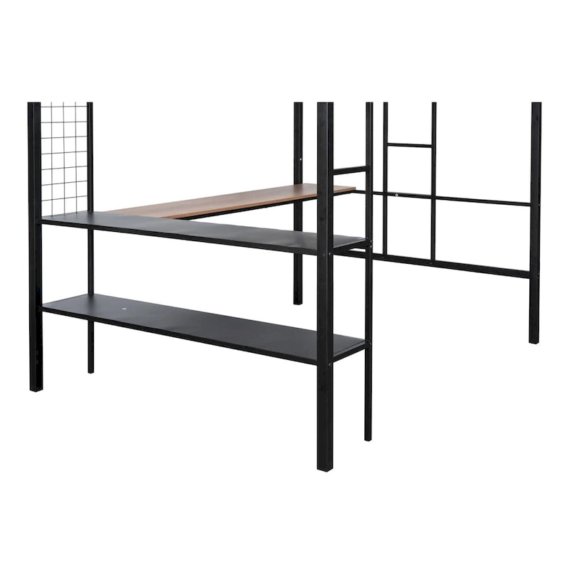 Cama alta de metal matrimonial con escritorio, estantes y barandilla