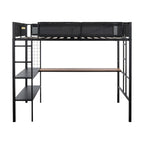 Cama alta de metal matrimonial con escritorio, estantes y barandilla