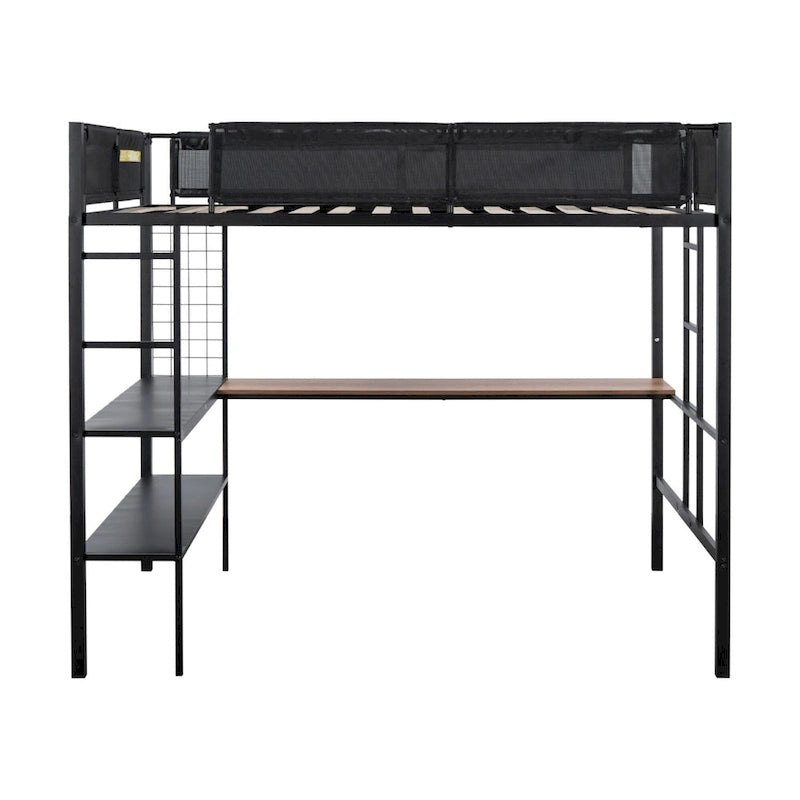Cama alta de metal matrimonial con escritorio, estantes y barandilla