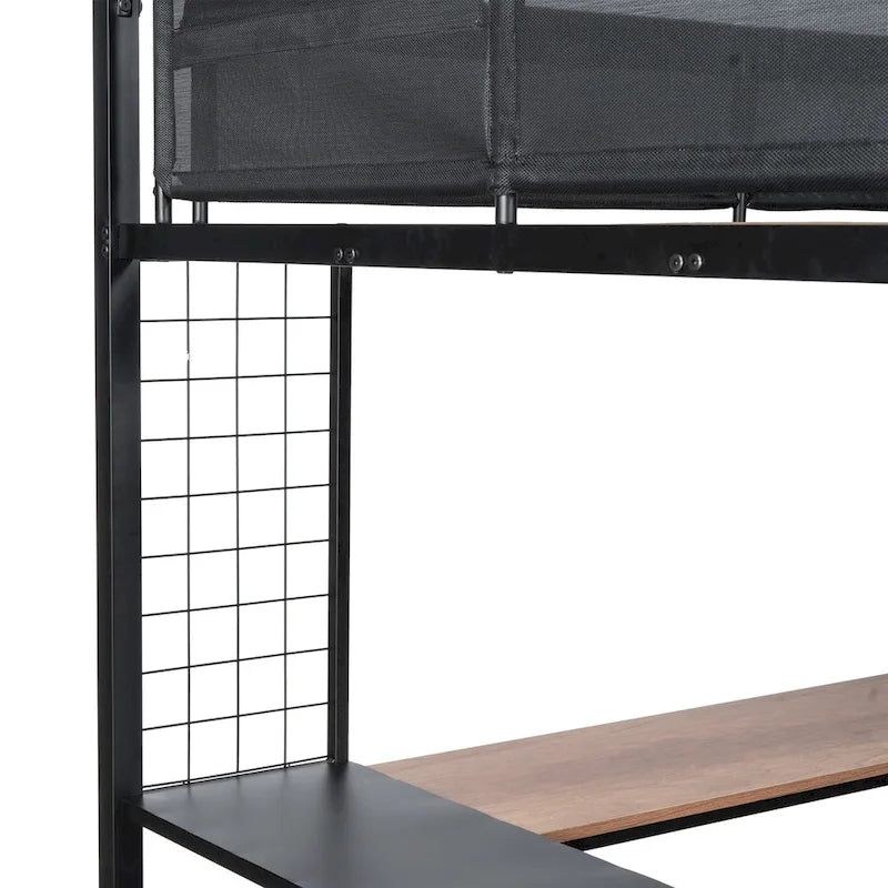 Cama alta de metal matrimonial con escritorio, estantes y barandilla