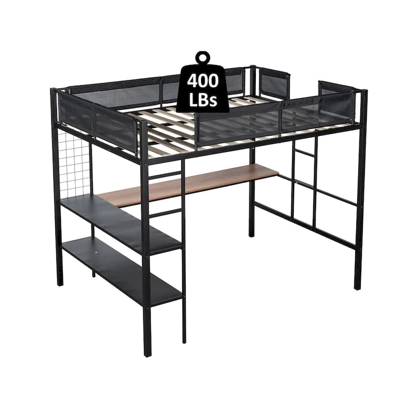 Cama alta de metal matrimonial con escritorio, estantes y barandilla