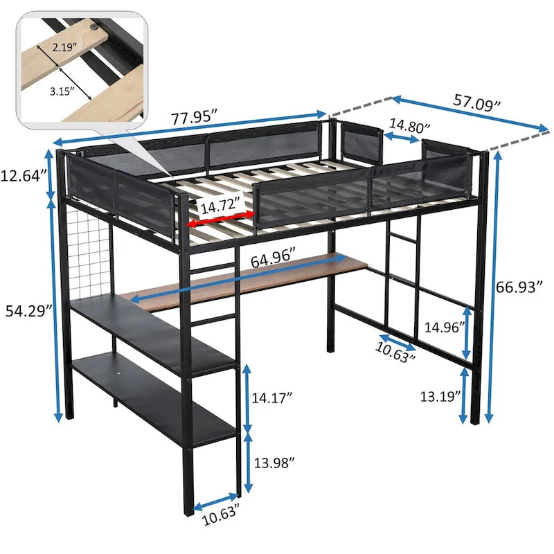 Cama alta de metal matrimonial con escritorio, estantes y barandilla