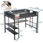 Cama alta de metal matrimonial con escritorio, estantes y barandilla