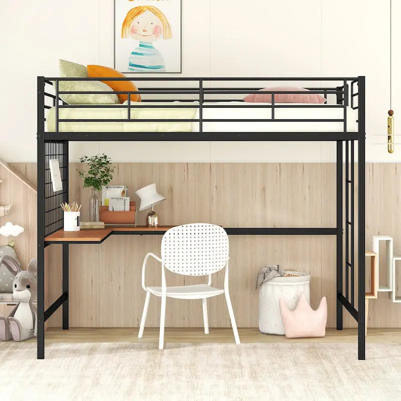 Cama alta de metal con escritorio de madera incorporado, rejilla de metal, escalera y barandillas