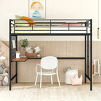 Cama alta de metal con escritorio de madera incorporado, rejilla de metal, escalera y barandillas