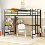 Cama alta de metal con escritorio de madera incorporado, rejilla de metal, escalera y barandillas