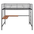 Cama alta de metal con escritorio de madera incorporado, rejilla de metal, escalera y barandillas