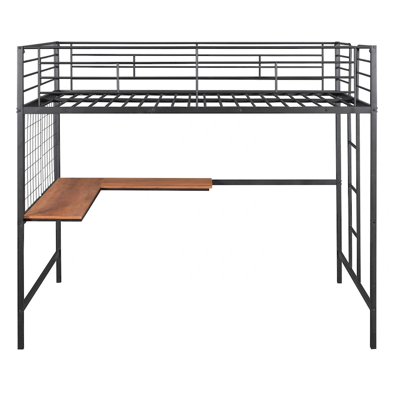Cama alta de metal con escritorio de madera incorporado, rejilla de metal, escalera y barandillas