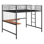 Cama alta de metal con escritorio de madera incorporado, rejilla de metal, escalera y barandillas
