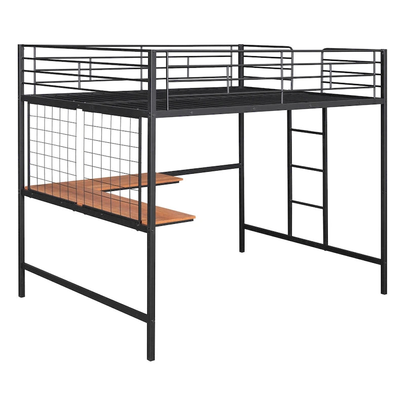 Cama alta de metal con escritorio de madera incorporado, rejilla de metal, escalera y barandillas