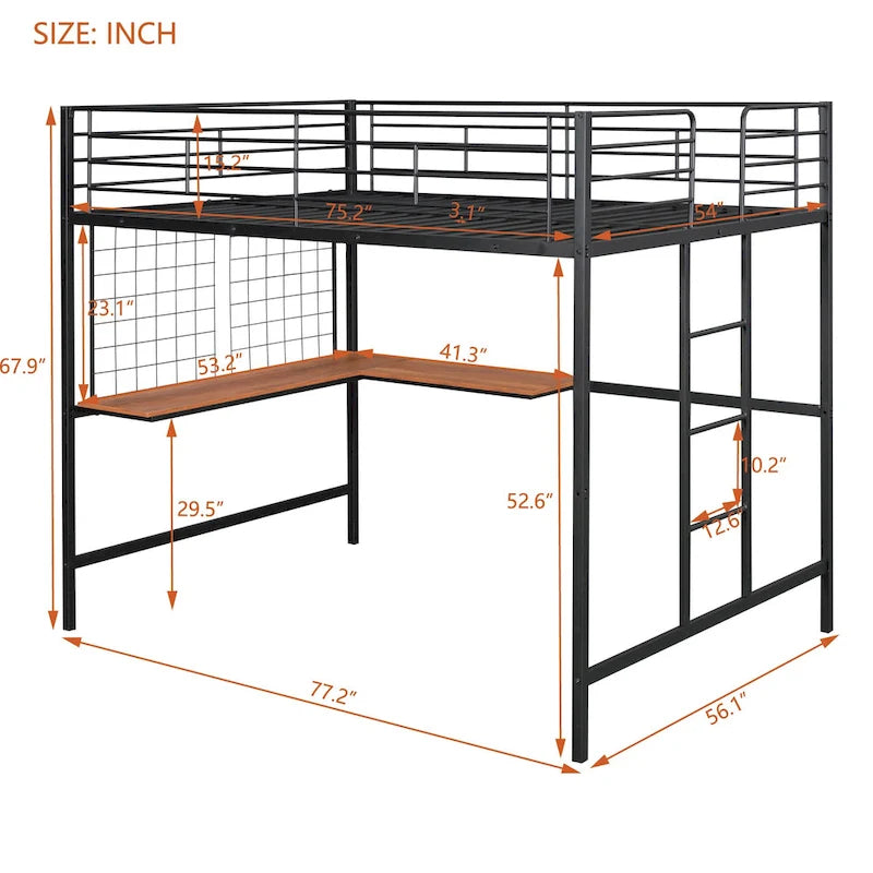 Cama alta de metal con escritorio de madera incorporado, rejilla de metal, escalera y barandillas